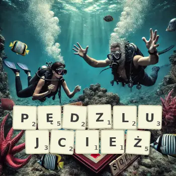 Kreatywna ilustracja do gry w Scrabble ze słowem PĘDZLUJCIEŻ ułożonym z płytek na planszy.