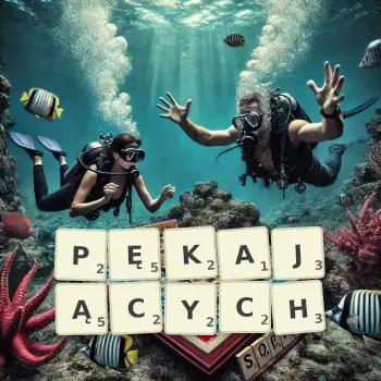 Kreatywna ilustracja do gry w Scrabble ze słowem PĘKAJĄCYCH ułożonym z płytek na planszy.