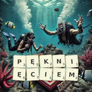 Kreatywna ilustracja do gry w Scrabble ze słowem PĘKNIĘCIEM ułożonym z płytek na planszy.