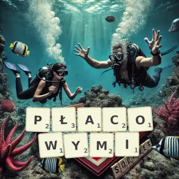 Kreatywna ilustracja do gry w Scrabble ze słowem PŁACOWYMI ułożonym z płytek na planszy.