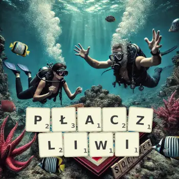 Kreatywna ilustracja do gry w Scrabble ze słowem PŁACZLIWI ułożonym z płytek na planszy.