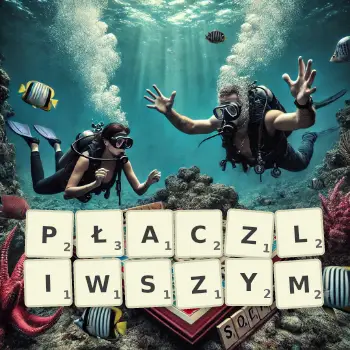 Kreatywna ilustracja do gry w Scrabble ze słowem PŁACZLIWSZYM ułożonym z płytek na planszy.