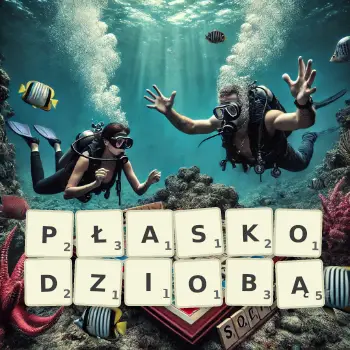 Kreatywna ilustracja do gry w Scrabble ze słowem PŁASKODZIOBĄ ułożonym z płytek na planszy.