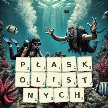 Kreatywna ilustracja do gry w Scrabble ze słowem PŁASKOLISTNYCH ułożonym z płytek na planszy.