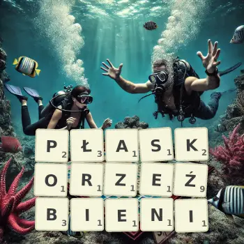 Kreatywna ilustracja do gry w Scrabble ze słowem PŁASKORZEŹBIENI ułożonym z płytek na planszy.