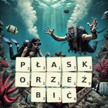 Kreatywna ilustracja do gry w Scrabble ze słowem PŁASKORZEŹBIĆ ułożonym z płytek na planszy.
