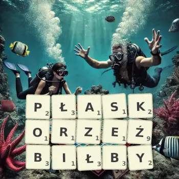 Kreatywna ilustracja do gry w Scrabble ze słowem PŁASKORZEŹBIŁBY ułożonym z płytek na planszy.