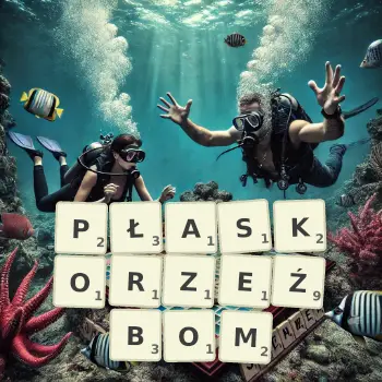 Kreatywna ilustracja do gry w Scrabble ze słowem PŁASKORZEŹBOM ułożonym z płytek na planszy.