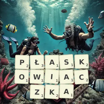 Kreatywna ilustracja do gry w Scrabble ze słowem PŁASKOWIACZKA ułożonym z płytek na planszy.