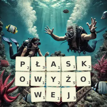 Kreatywna ilustracja do gry w Scrabble ze słowem PŁASKOWYŻOWEJ ułożonym z płytek na planszy.