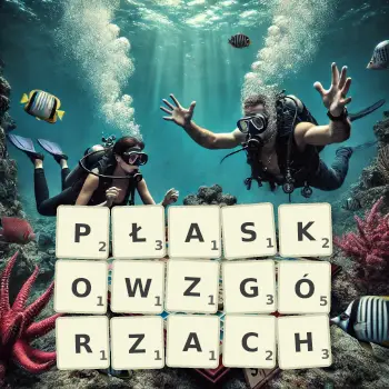 Kreatywna ilustracja do gry w Scrabble ze słowem PŁASKOWZGÓRZACH ułożonym z płytek na planszy.
