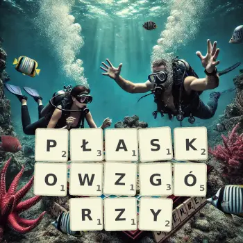 Kreatywna ilustracja do gry w Scrabble ze słowem PŁASKOWZGÓRZY ułożonym z płytek na planszy.