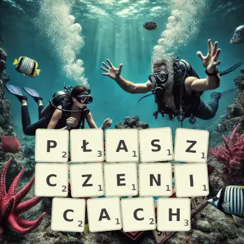 Kreatywna ilustracja do gry w Scrabble ze słowem PŁASZCZENICACH ułożonym z płytek na planszy.