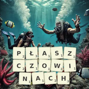 Kreatywna ilustracja do gry w Scrabble ze słowem PŁASZCZOWINACH ułożonym z płytek na planszy.