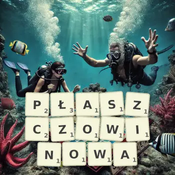 Kreatywna ilustracja do gry w Scrabble ze słowem PŁASZCZOWINOWA ułożonym z płytek na planszy.