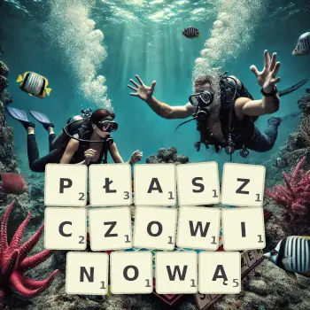 Kreatywna ilustracja do gry w Scrabble ze słowem PŁASZCZOWINOWĄ ułożonym z płytek na planszy.