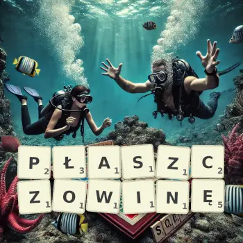 Kreatywna ilustracja do gry w Scrabble ze słowem PŁASZCZOWINĘ ułożonym z płytek na planszy.