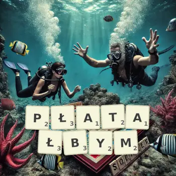 Kreatywna ilustracja do gry w Scrabble ze słowem PŁATAŁBYM ułożonym z płytek na planszy.