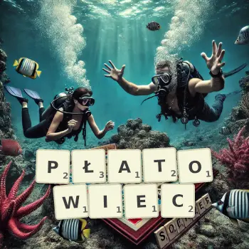 Kreatywna ilustracja do gry w Scrabble ze słowem PŁATOWIEC ułożonym z płytek na planszy.