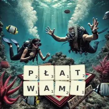 Kreatywna ilustracja do gry w Scrabble ze słowem PŁATWAMI ułożonym z płytek na planszy.