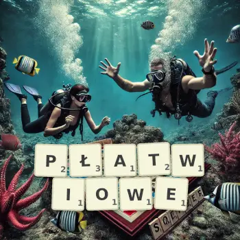 Kreatywna ilustracja do gry w Scrabble ze słowem PŁATWIOWE ułożonym z płytek na planszy.