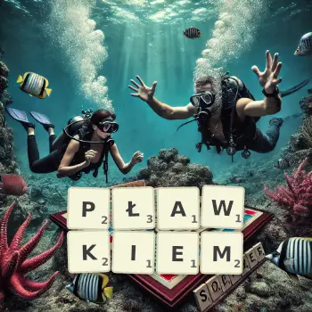 Kreatywna ilustracja do gry w Scrabble ze słowem PŁAWKIEM ułożonym z płytek na planszy.