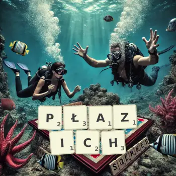 Kreatywna ilustracja do gry w Scrabble ze słowem PŁAZICH ułożonym z płytek na planszy.