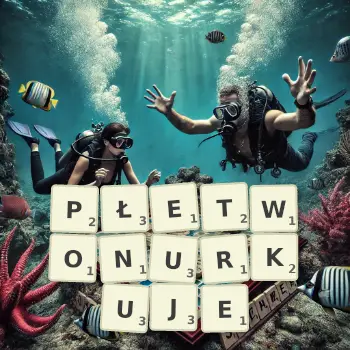 Kreatywna ilustracja do gry w Scrabble ze słowem PŁETWONURKUJE ułożonym z płytek na planszy.