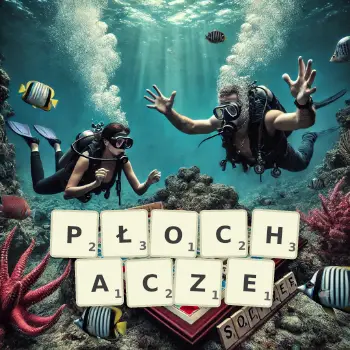 Kreatywna ilustracja do gry w Scrabble ze słowem PŁOCHACZE ułożonym z płytek na planszy.