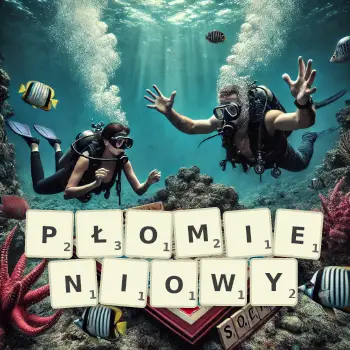 Kreatywna ilustracja do gry w Scrabble ze słowem PŁOMIENIOWY ułożonym z płytek na planszy.