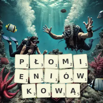 Kreatywna ilustracja do gry w Scrabble ze słowem PŁOMIENIÓWKOWĄ ułożonym z płytek na planszy.