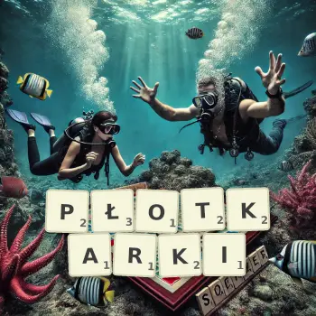 Kreatywna ilustracja do gry w Scrabble ze słowem PŁOTKARKI ułożonym z płytek na planszy.