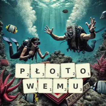 Kreatywna ilustracja do gry w Scrabble ze słowem PŁOTOWEMU ułożonym z płytek na planszy.