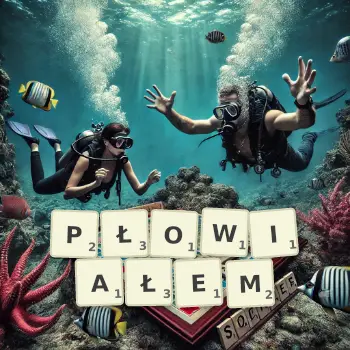 Kreatywna ilustracja do gry w Scrabble ze słowem PŁOWIAŁEM ułożonym z płytek na planszy.