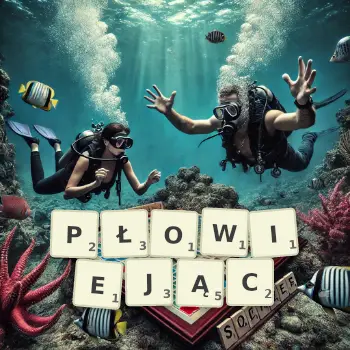 Kreatywna ilustracja do gry w Scrabble ze słowem PŁOWIEJĄC ułożonym z płytek na planszy.