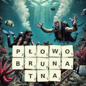 Kreatywna ilustracja do gry w Scrabble ze słowem PŁOWOBRUNATNA ułożonym z płytek na planszy.