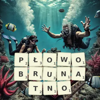 Kreatywna ilustracja do gry w Scrabble ze słowem PŁOWOBRUNATNO ułożonym z płytek na planszy.