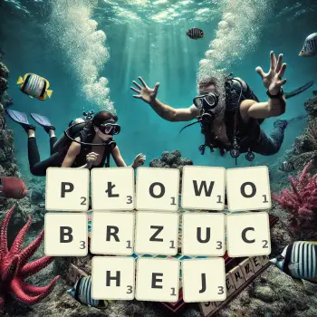 Kreatywna ilustracja do gry w Scrabble ze słowem PŁOWOBRZUCHEJ ułożonym z płytek na planszy.