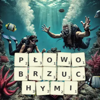 Kreatywna ilustracja do gry w Scrabble ze słowem PŁOWOBRZUCHYMI ułożonym z płytek na planszy.