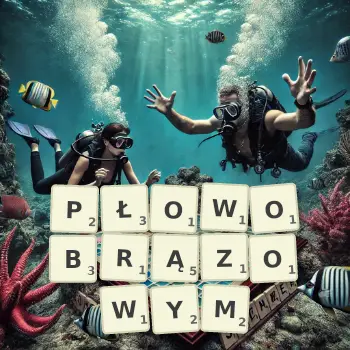 Kreatywna ilustracja do gry w Scrabble ze słowem PŁOWOBRĄZOWYM ułożonym z płytek na planszy.
