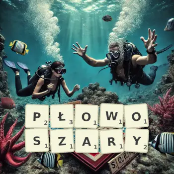 Kreatywna ilustracja do gry w Scrabble ze słowem PŁOWOSZARY ułożonym z płytek na planszy.