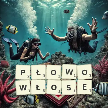 Kreatywna ilustracja do gry w Scrabble ze słowem PŁOWOWŁOSE ułożonym z płytek na planszy.