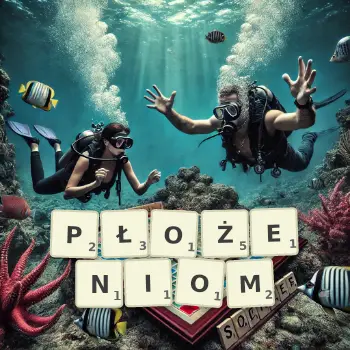 Kreatywna ilustracja do gry w Scrabble ze słowem PŁOŻENIOM ułożonym z płytek na planszy.