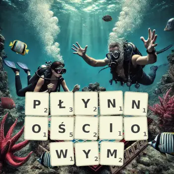 Kreatywna ilustracja do gry w Scrabble ze słowem PŁYNNOŚCIOWYM ułożonym z płytek na planszy.