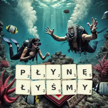 Kreatywna ilustracja do gry w Scrabble ze słowem PŁYNĘŁYŚMY ułożonym z płytek na planszy.