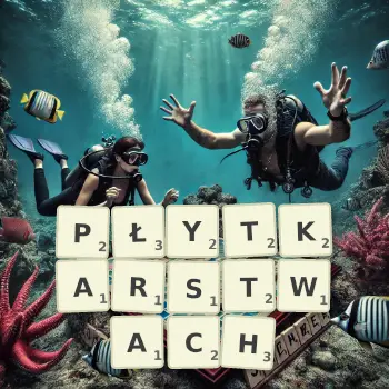 Kreatywna ilustracja do gry w Scrabble ze słowem PŁYTKARSTWACH ułożonym z płytek na planszy.