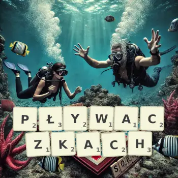 Kreatywna ilustracja do gry w Scrabble ze słowem PŁYWACZKACH ułożonym z płytek na planszy.
