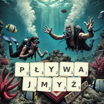 Kreatywna ilustracja do gry w Scrabble ze słowem PŁYWAJMYŻ ułożonym z płytek na planszy.