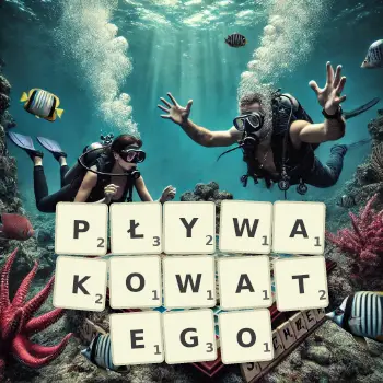 Kreatywna ilustracja do gry w Scrabble ze słowem PŁYWAKOWATEGO ułożonym z płytek na planszy.