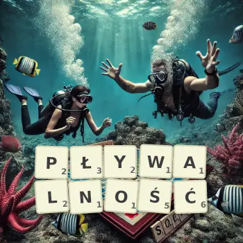 Kreatywna ilustracja do gry w Scrabble ze słowem PŁYWALNOŚĆ ułożonym z płytek na planszy.